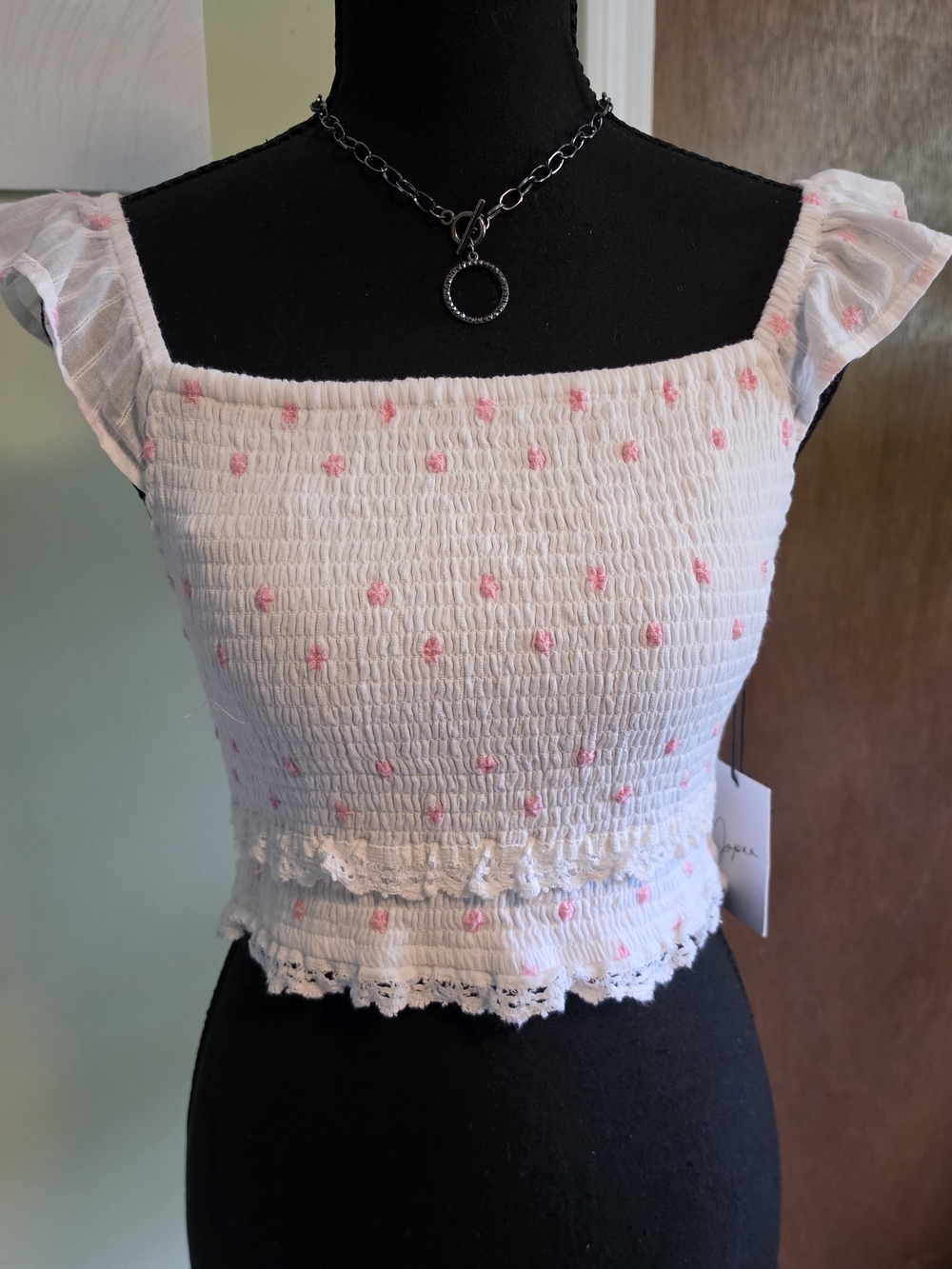 Japna White Smocked Crop Top with Pink Dots and Ruffle Straps Size Medium